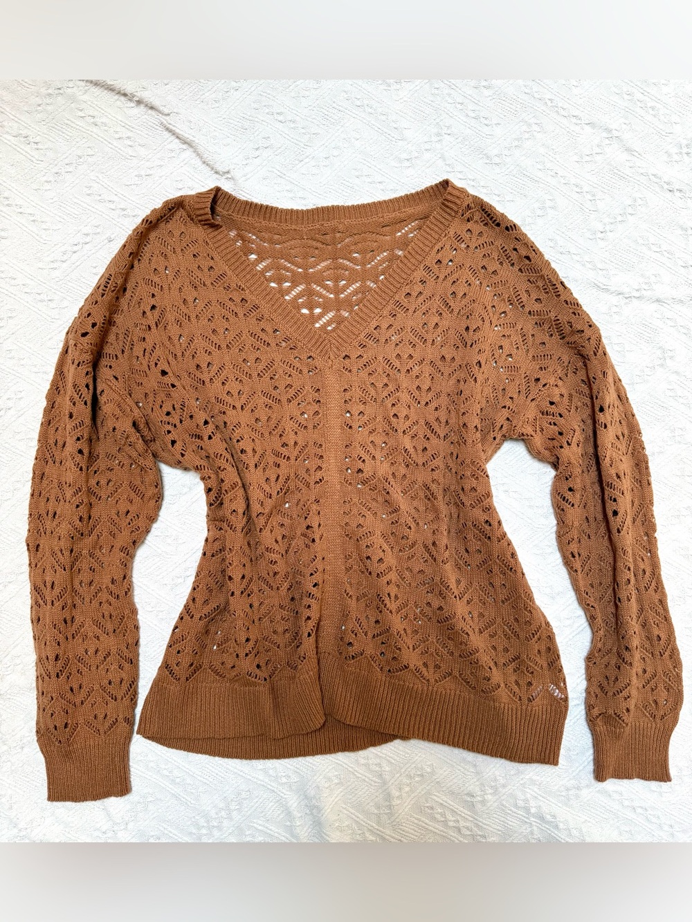 Classic V-Neck Openwork Knit Sweater - Brown Size XL